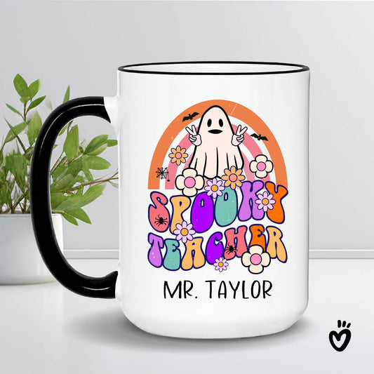 Personalized Halloween Teacher Glass Tumbler, Spooky Teacher Cup, Trick or Teach, Retro Halloween Ghost Teacher Gift, Custom Name Glass