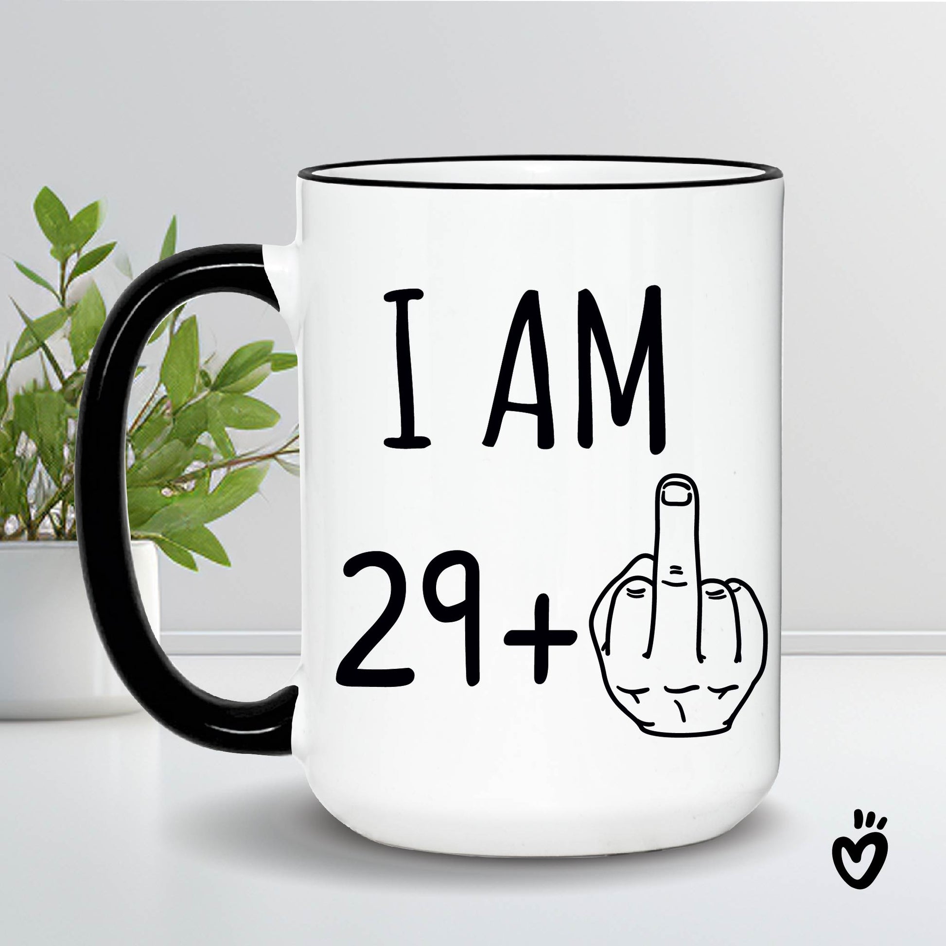 30th Birthday Gift Coffee Mug - Funny 29+ middle finger Tea Cup 15 oz white with black rim and handle