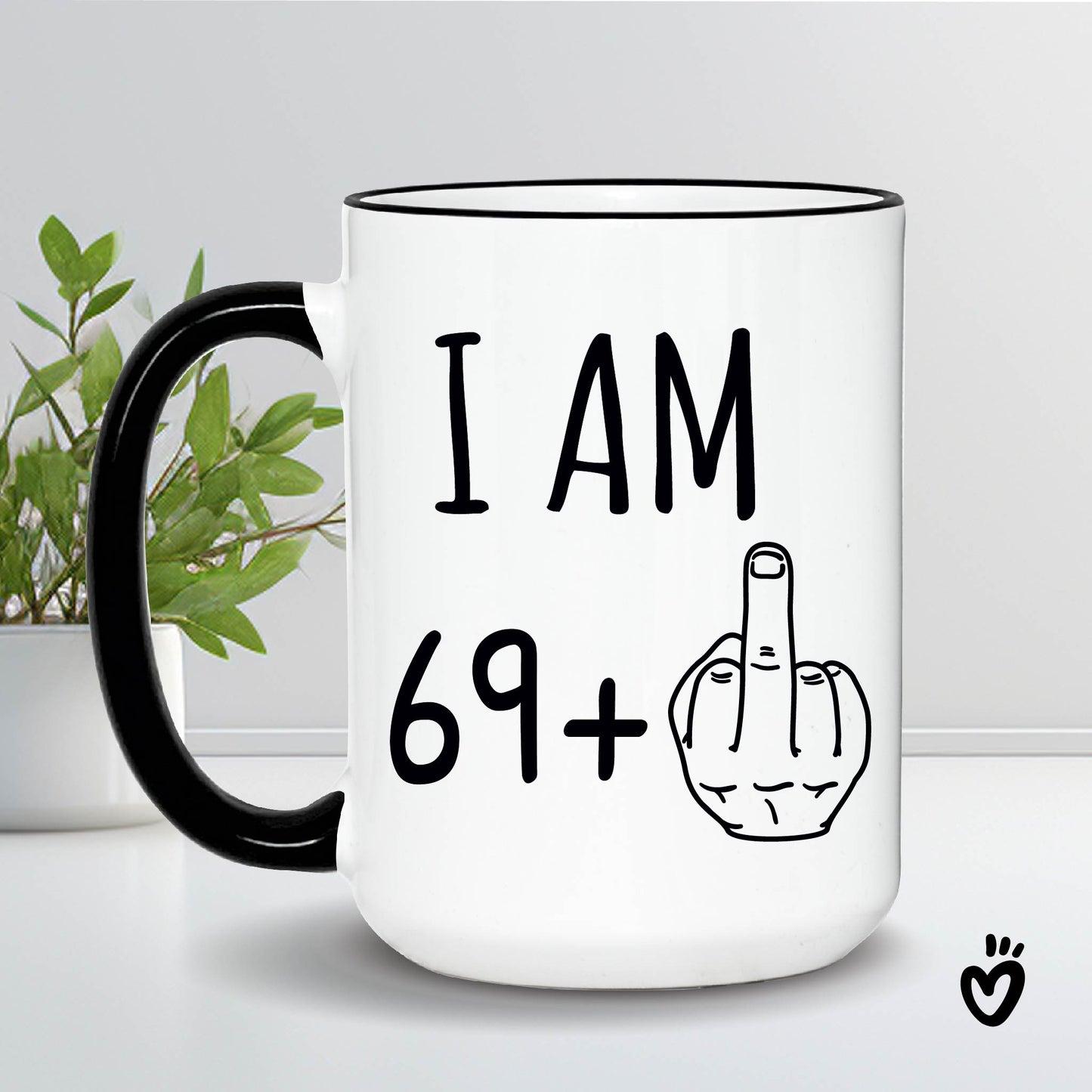 70th Birthday Coffee Mug, 69+ middle finger 15oz white and black rim and handle Tea cup 