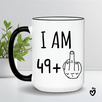 50th Birthday Coffee Mug, 49+ middle finger 15oz white and black rim and handle Tea cup