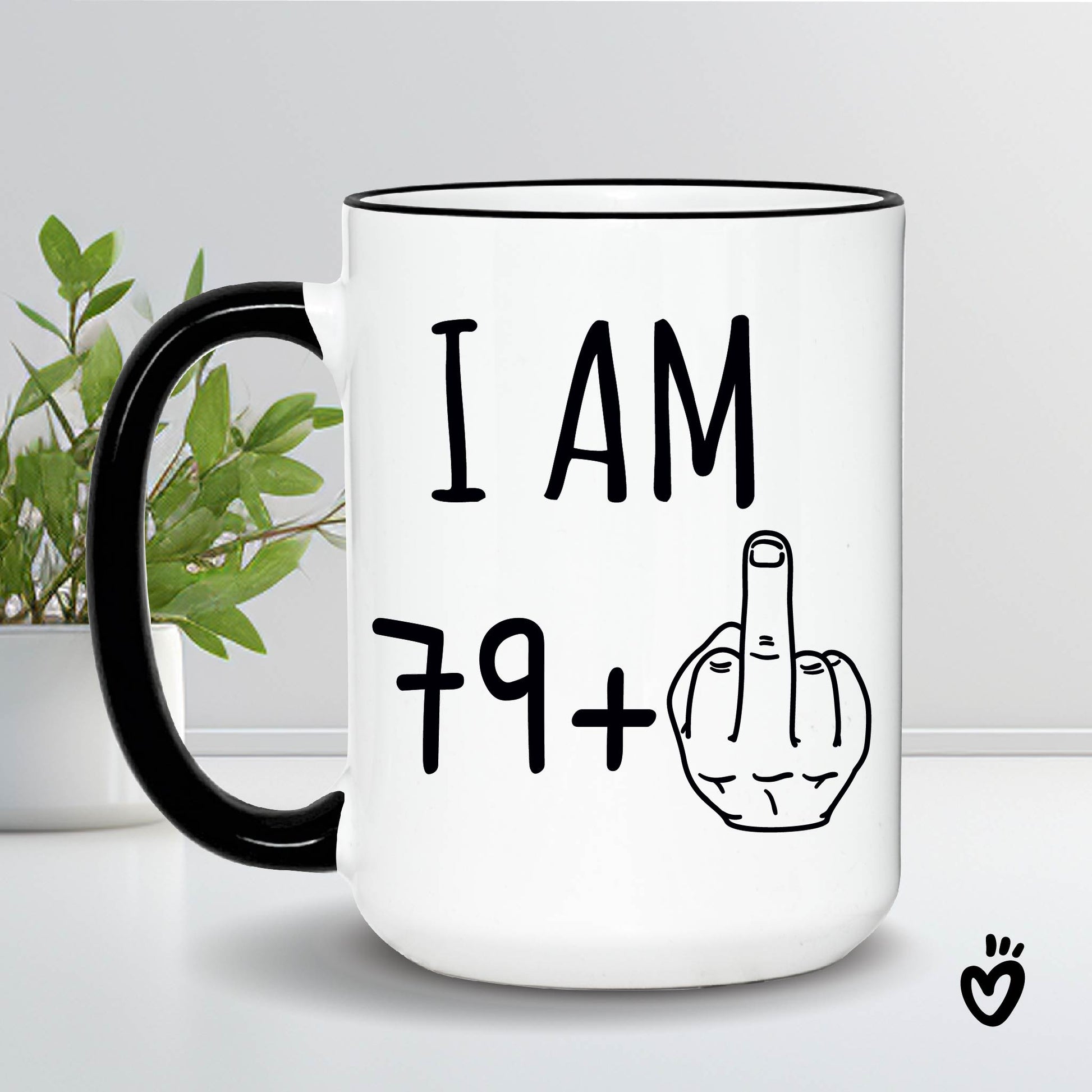 80th Birthday Coffee Mug, 79+ middle finger 15oz white and black rim and handle Tea cup