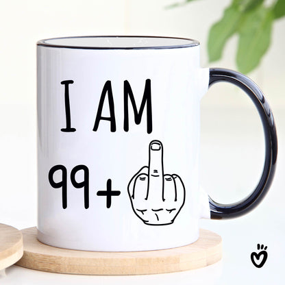 100th Birthday Coffee Mug, 99+ middle finger 11oz white and black rim and handle Tea cup