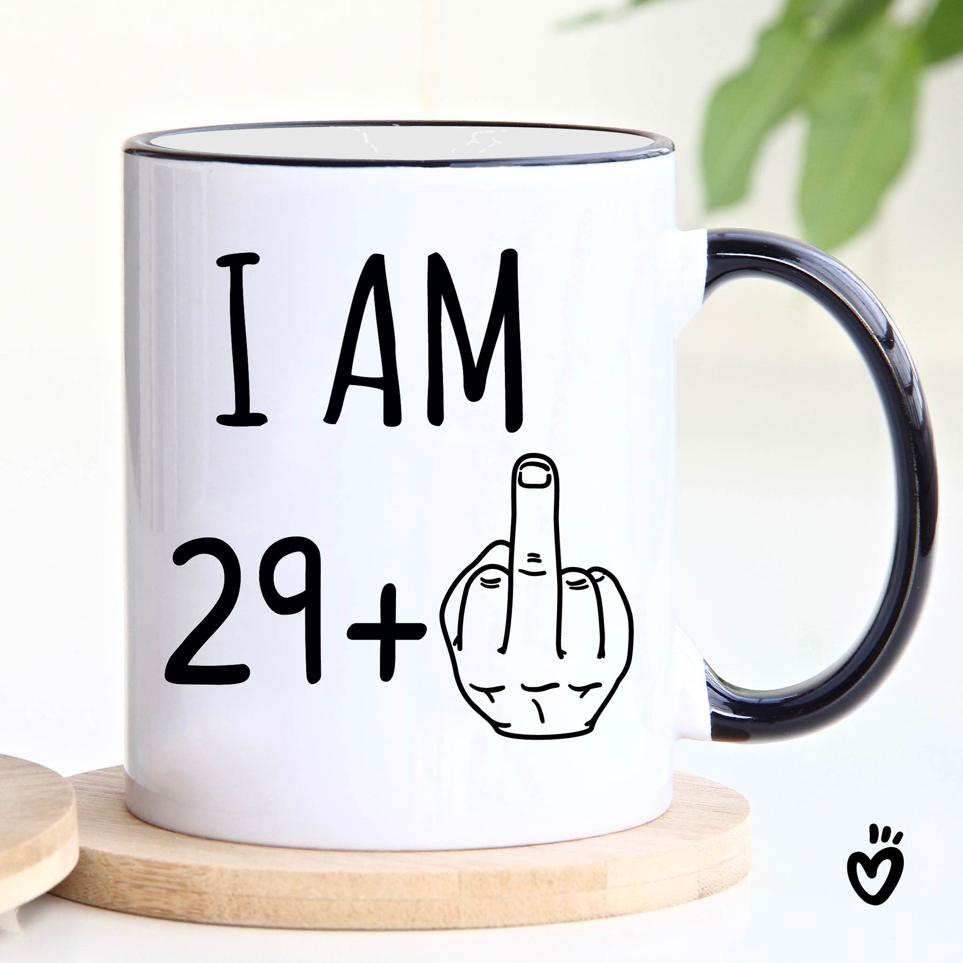 30th Birthday Gift Coffee Mug - Funny 29+ middle finger Tea Cup 11 oz white with black rim and handle