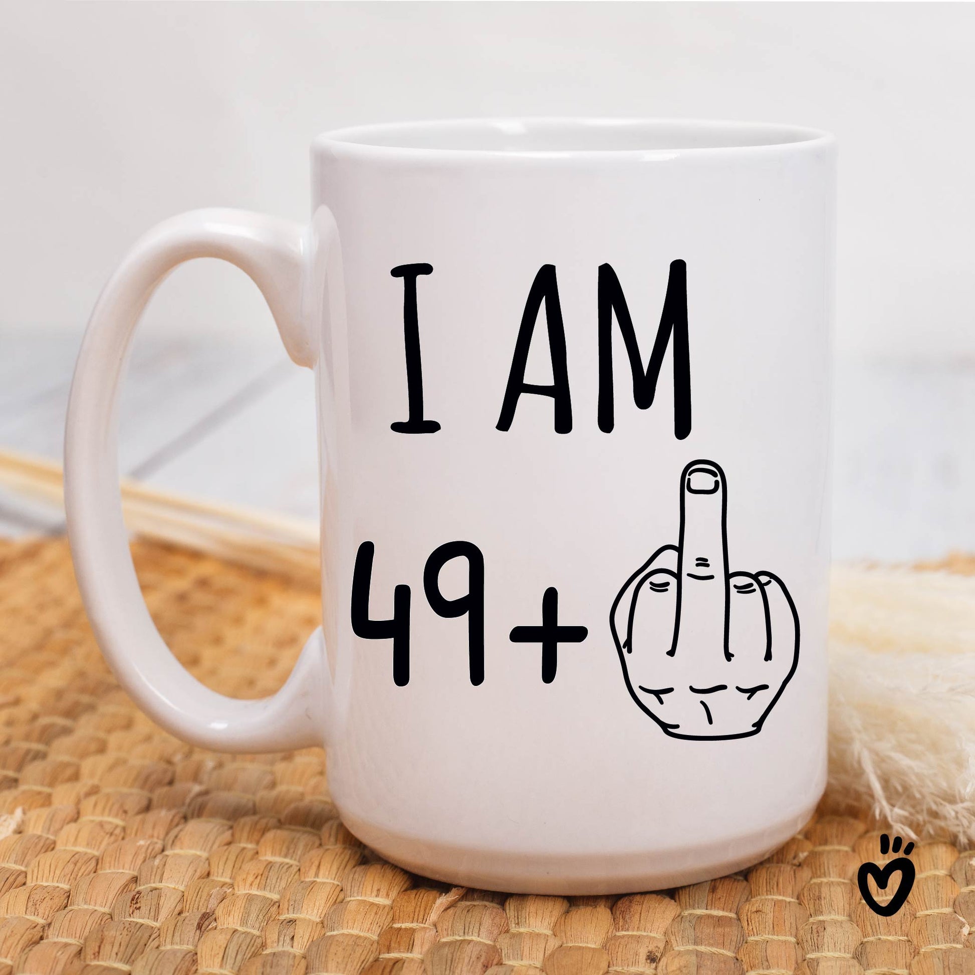 50th Birthday Coffee Mug, 49+ middle finger 15oz all white design Tea cup