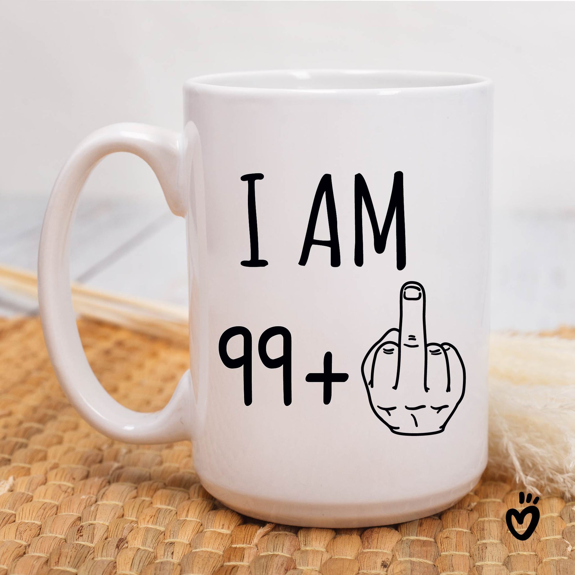 100th Birthday Coffee Mug, 99+ middle finger 15oz all white design Tea cup