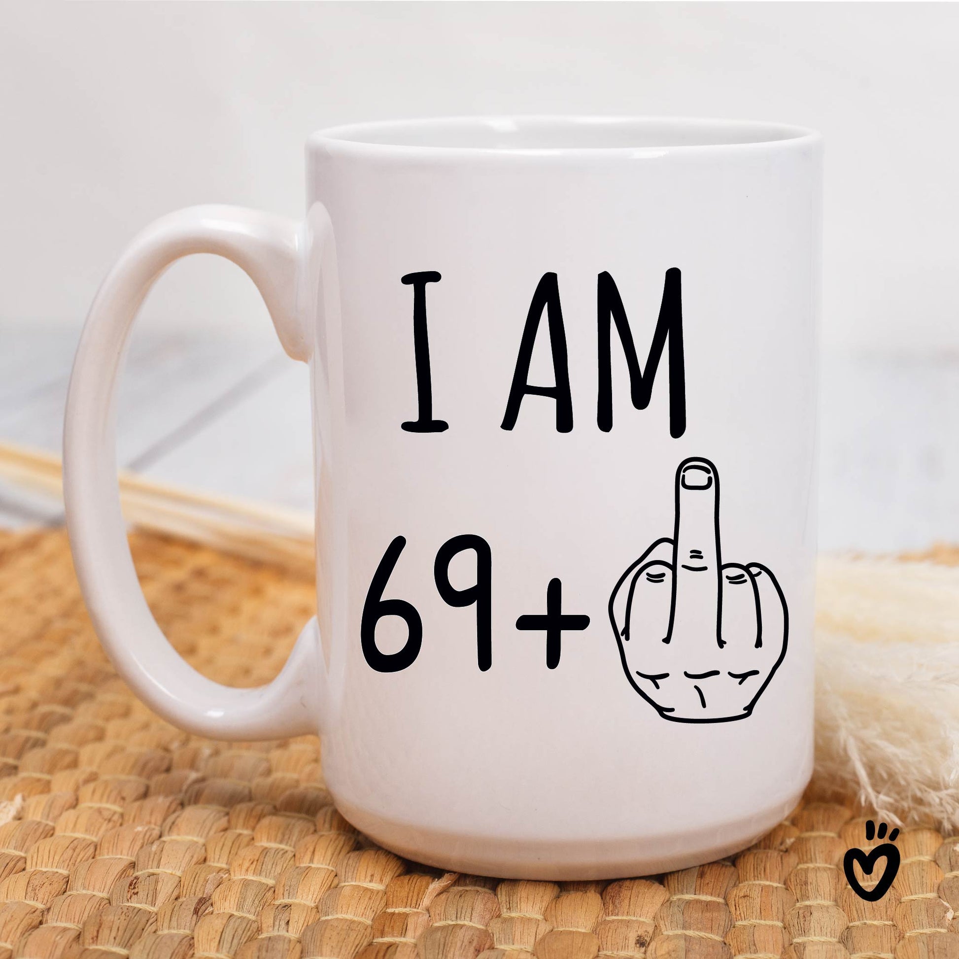 70th Birthday Coffee Mug, 69+ middle finger 15 oz all white Tea cup