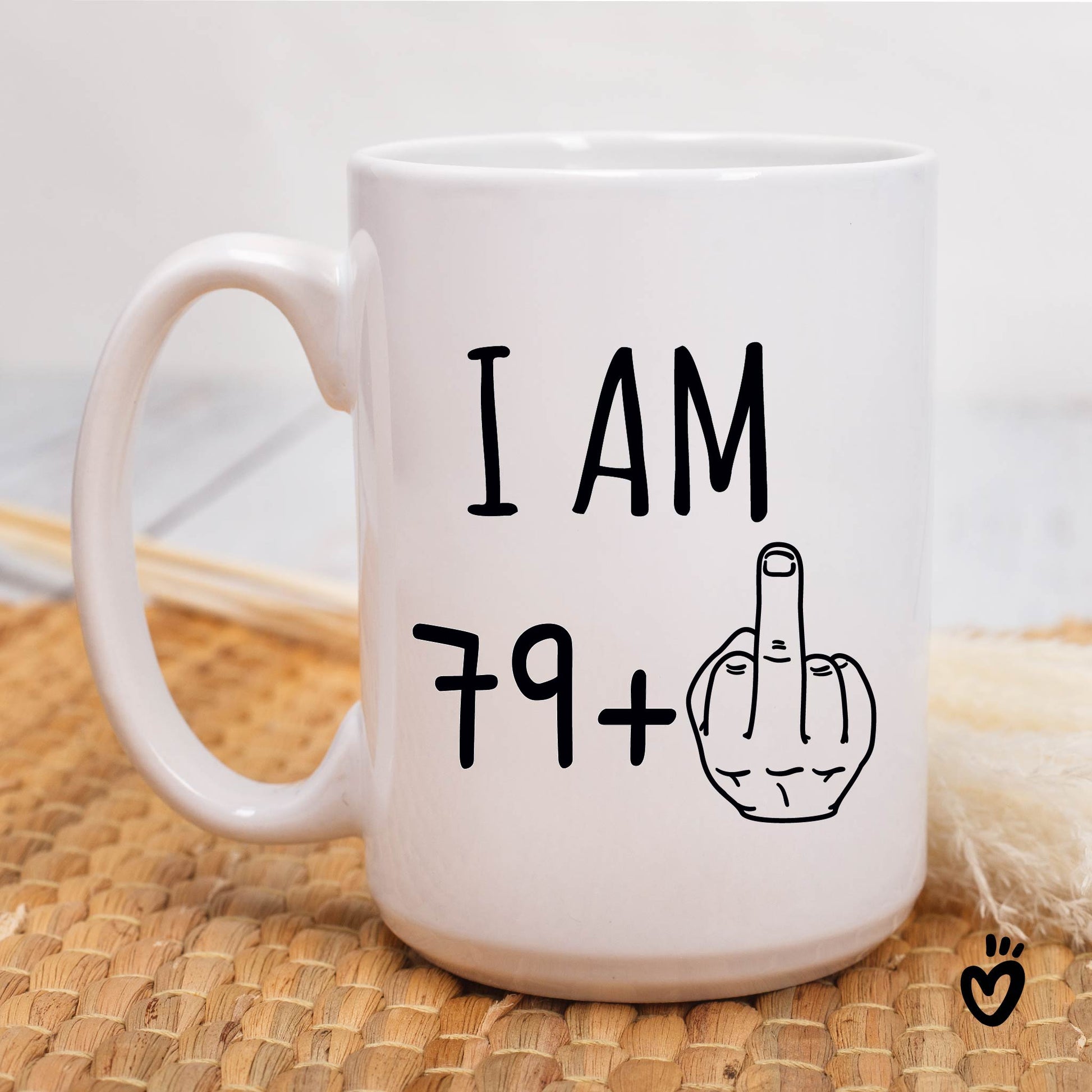 80th Birthday Coffee Mug, 79+ middle finger 15 oz all white Tea cup