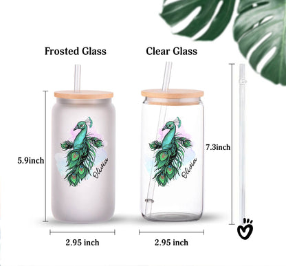 Personalized Name Glass Tumbler with Colorful Peacock Design