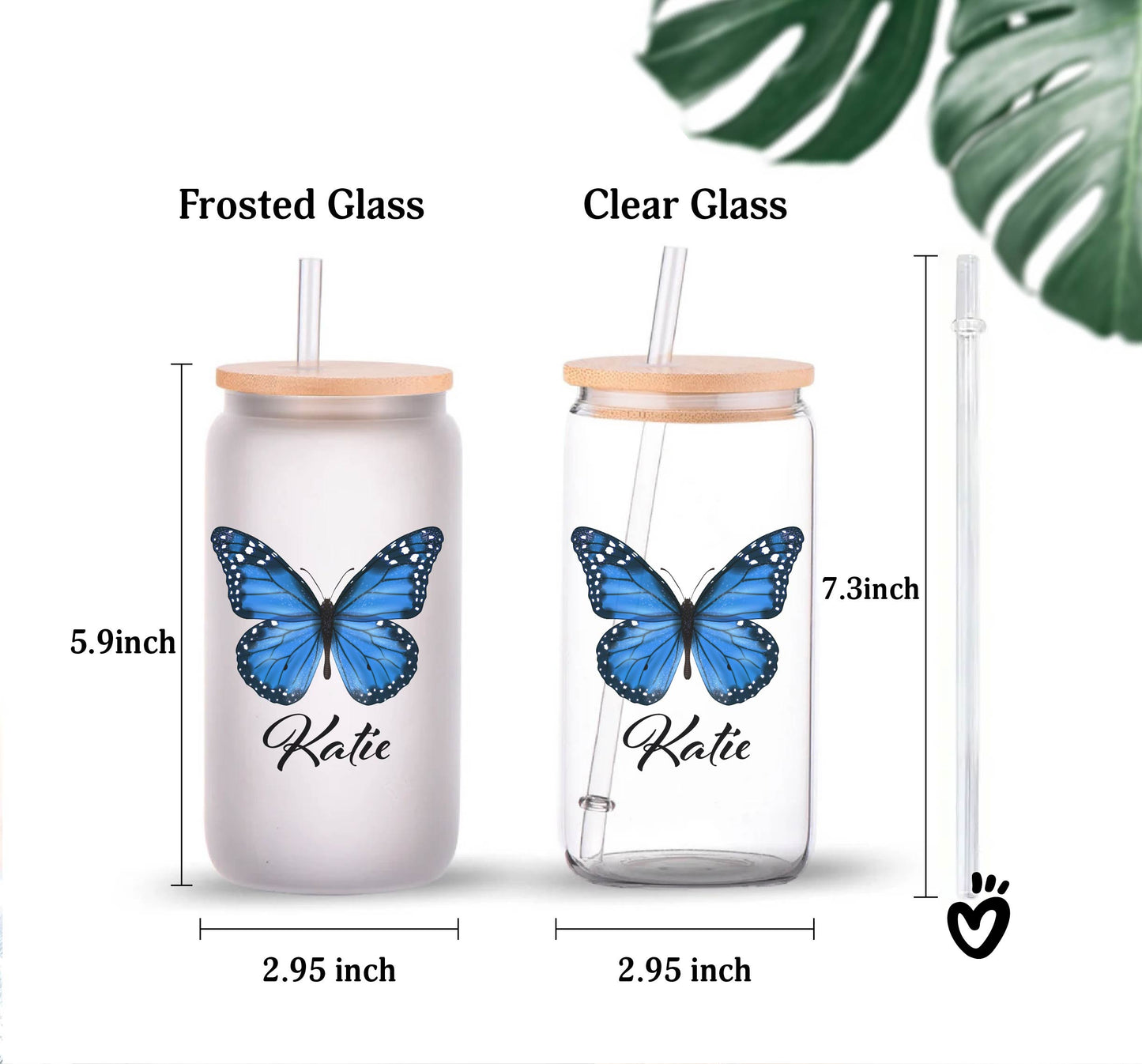 Personalized Name Glass Tumbler with Blue Butterfly Design clear and frosted  glass images