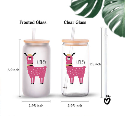 Personalized Name Glass Tumbler with Funny Llama Design Beer Jar Latte Cup