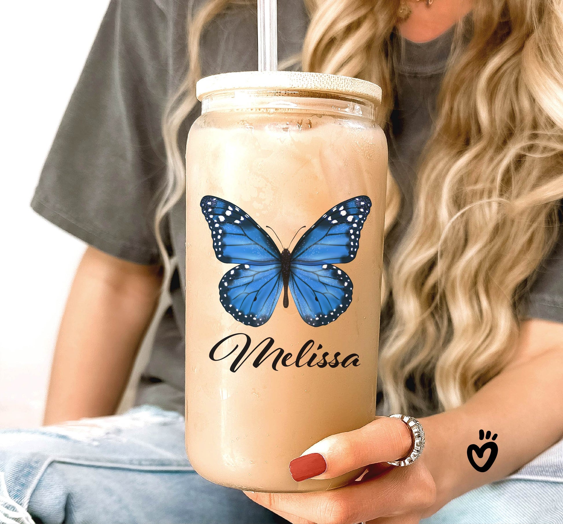 Personalized Name Glass Tumbler with Blue Butterfly Design