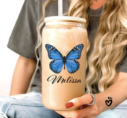 Personalized Name Glass Tumbler with Blue Butterfly Design