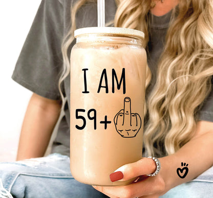 60th birthday gift, 59+middle finger funny glass tumbler image