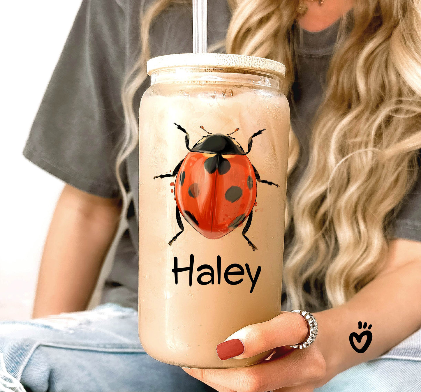 Personalized Name Ladybug Beer Jar Glass Tumbler Latte Cup