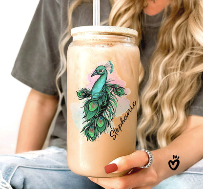 Personalized Name Glass Tumbler with Colorful Peacock Design