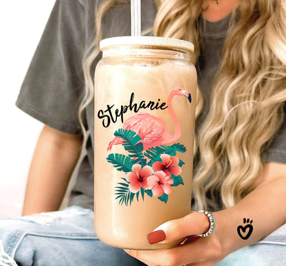 Personalized Name Glass Tumbler with Cute Flamingo Design