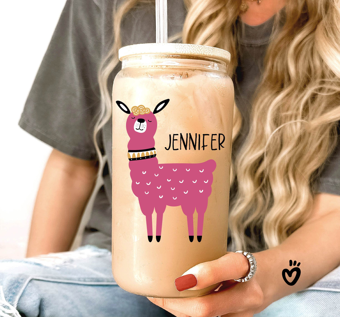 Personalized Name Glass Tumbler with Funny Llama Design Beer Jar Latte Cup