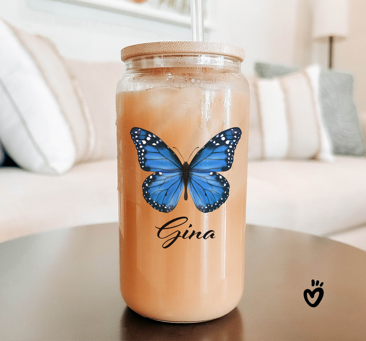 Personalized Name Glass Tumbler with Blue Butterfly Design clear glass