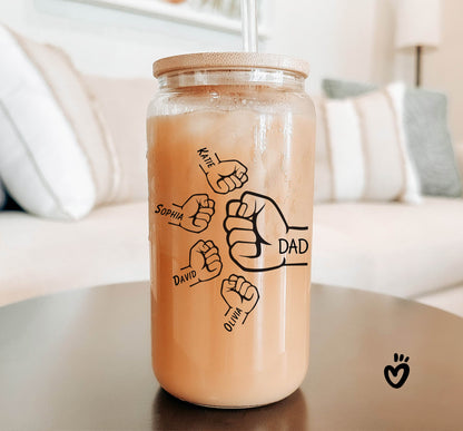 Custom Dad and Kids Hand Tumbler, Personalized Fathers Day Beer Glass, Unique Gift for Dad Birthday, Christmas Dad Iced Coffee Latte Cup