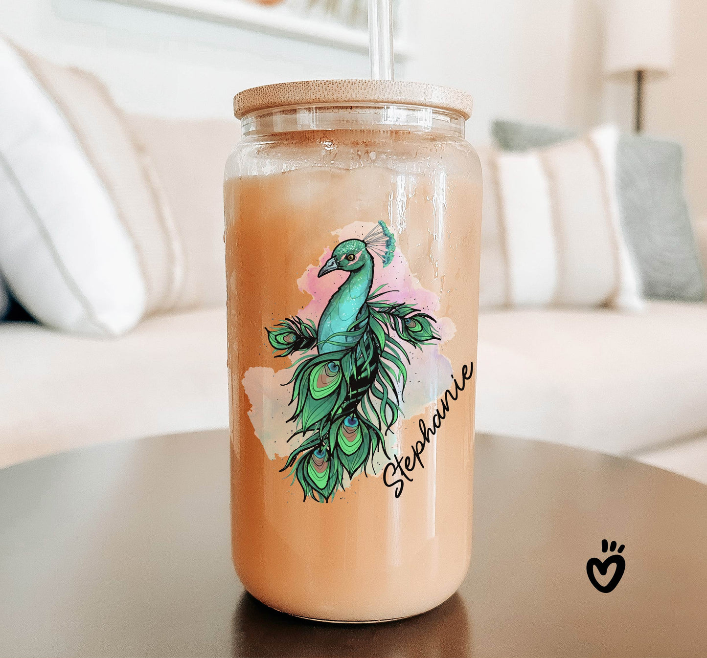 Personalized Name Glass Tumbler with Colorful Peacock Design