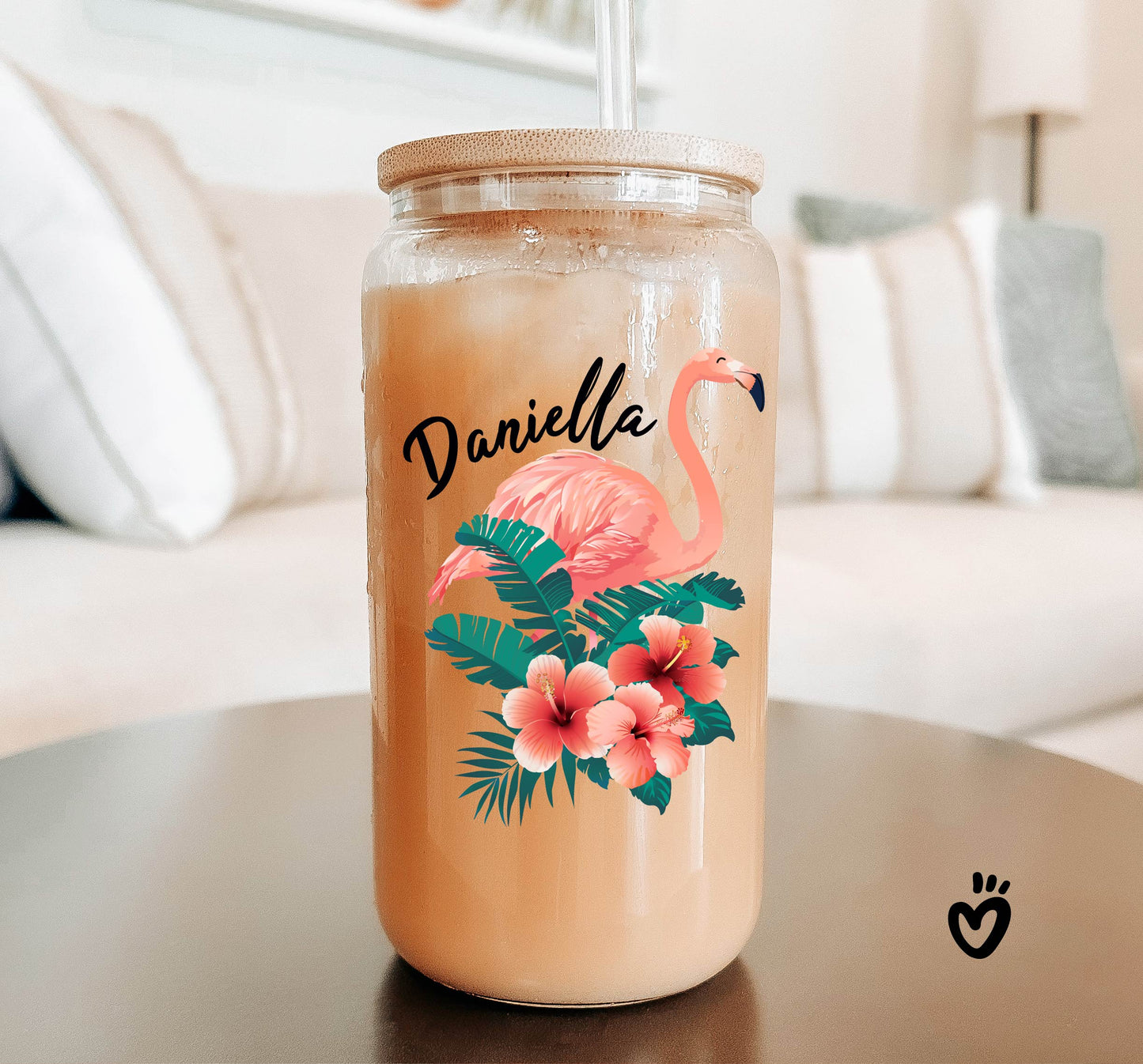 Personalized Name Glass Tumbler with Cute Flamingo Design