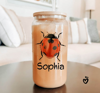 Personalized Name Ladybug Beer Jar Glass Tumbler Latte Cup