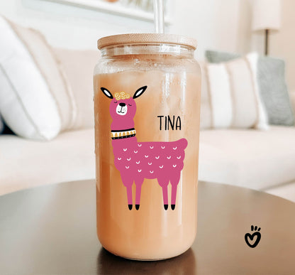 Personalized Name Glass Tumbler with Funny Llama Design Beer Jar Latte Cup