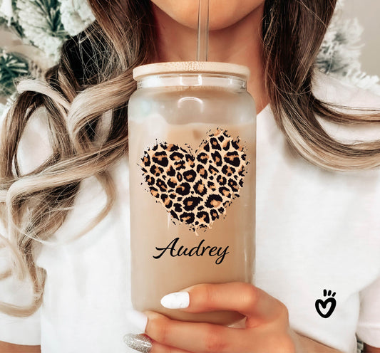 Cheetah Leopard HeartPersonalized Cheetah Leopard Heart Print Glass Tumbler Beer Glass Latte cup