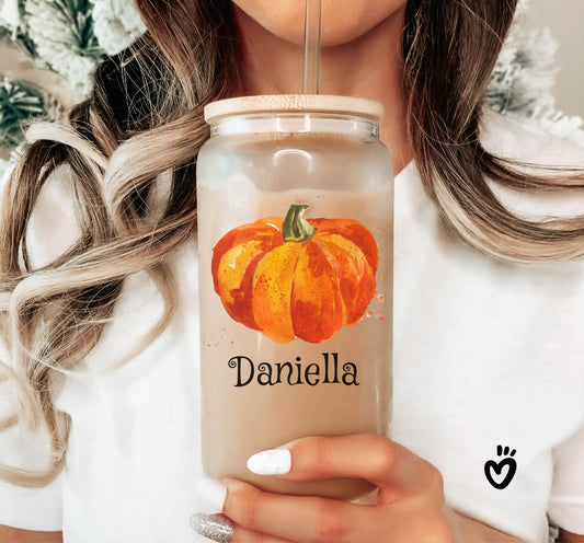 Personalized Pumpkin with name Glass Tumbler, Custom Fall Coffee Mug, Fall Season Gift Pumpkin Season Design Iced Coffee Cup, Spooky Vibes