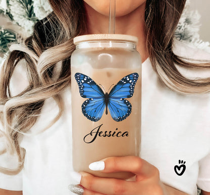 Personalized Name Glass Tumbler with Blue Butterfly Design