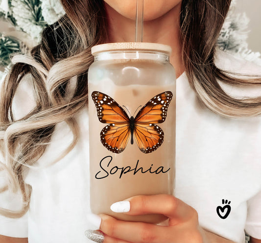 Personalized Name Glass Tumbler with Monarch Butterfly Design