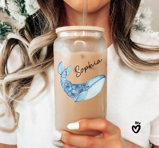 Personalized Name Glass Tumbler with Blue Whale Design