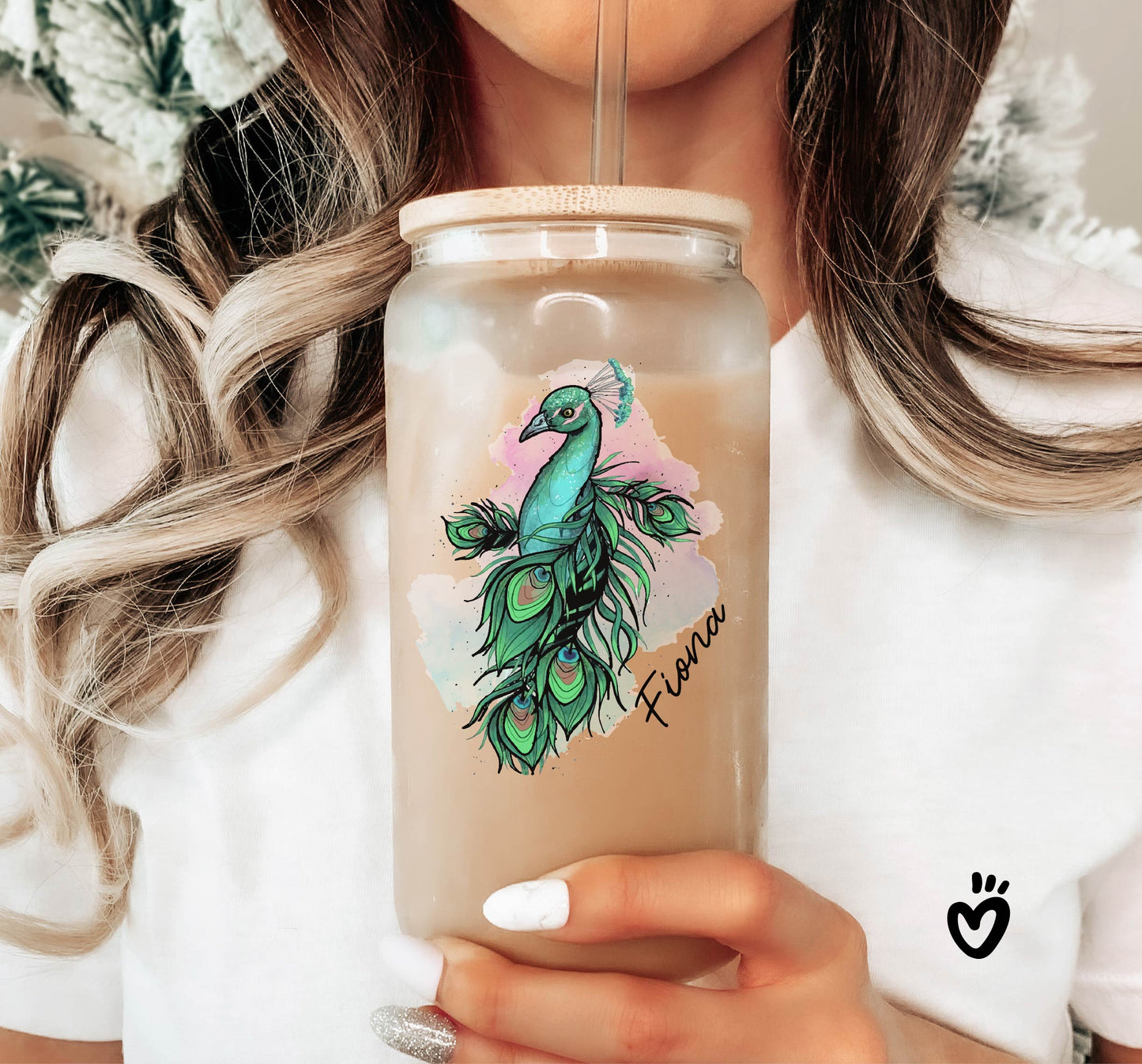 Personalized Name Glass Tumbler with Colorful Peacock Design