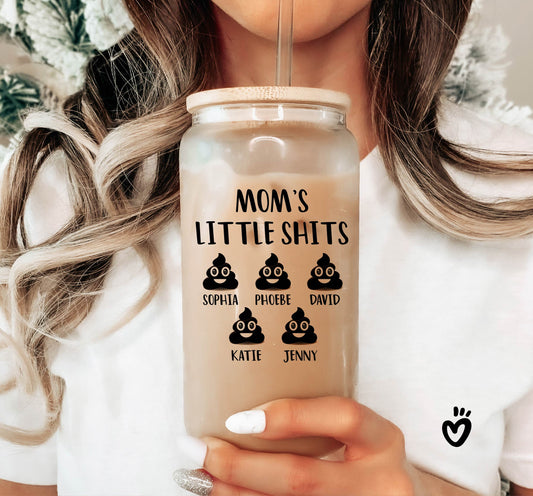 Custom Mom Glass Tumbler, Moms little shits, Personalized Mothers Day Iced Coffee Latte Cup, Unique Gift for Mom Birthday, Mother Christmas 