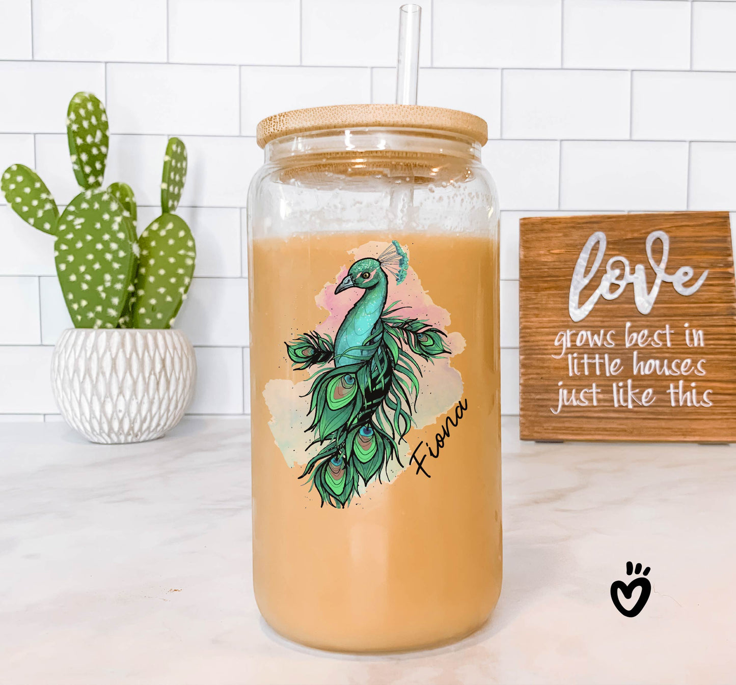 Personalized Name Glass Tumbler with Colorful Peacock Design