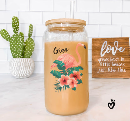 Personalized Name Glass Tumbler with Cute Flamingo Design