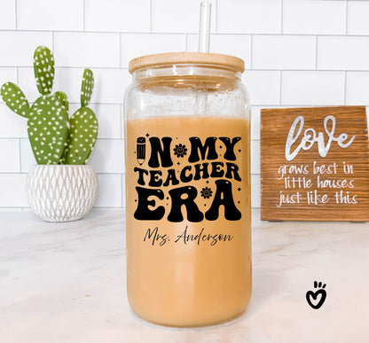 In My Teacher Era Glass Tumbler for Teacher Appreciation Gift for Teacher Back to School Gift Teacher Gift Ice Coffee Cup Glass Cup with Lid