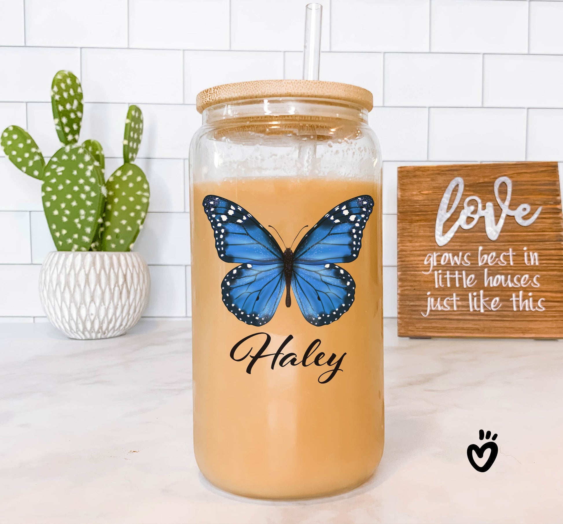 Personalized Name Glass Tumbler with Blue Butterfly Design