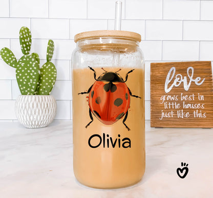 Personalized Name Ladybug Beer Jar Glass Tumbler Latte Cup