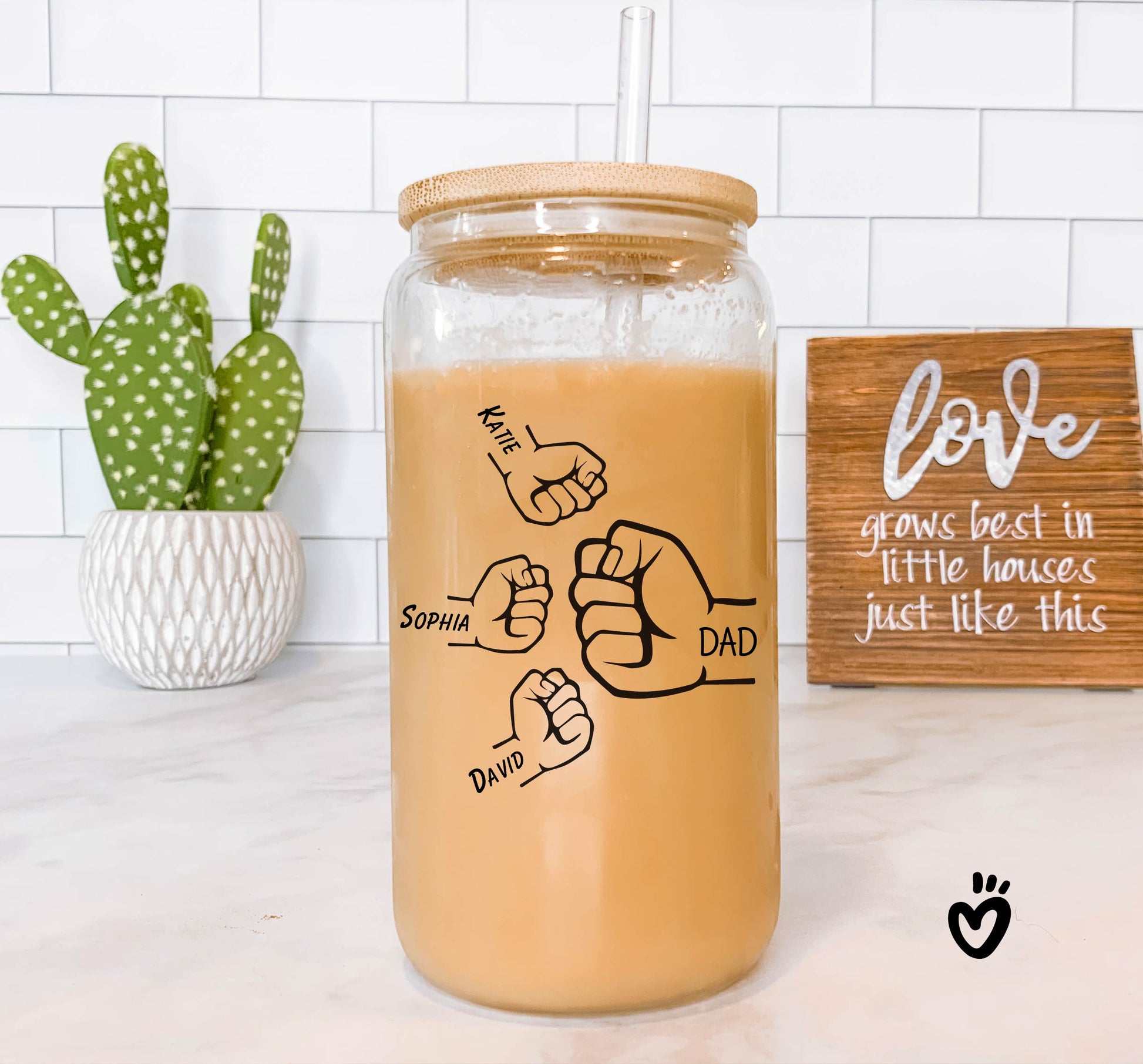 Custom Dad and Kids Hand Tumbler, Personalized Fathers Day Beer Glass, Unique Gift for Dad Birthday, Christmas Dad Iced Coffee Latte Cup