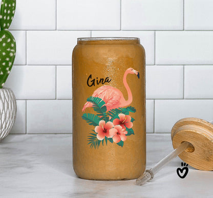 Personalized Name Glass Tumbler with Cute Flamingo Design