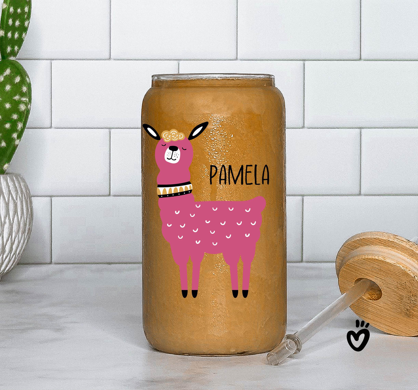 Personalized Name Glass Tumbler with Funny Llama Design Beer Jar Latte Cup