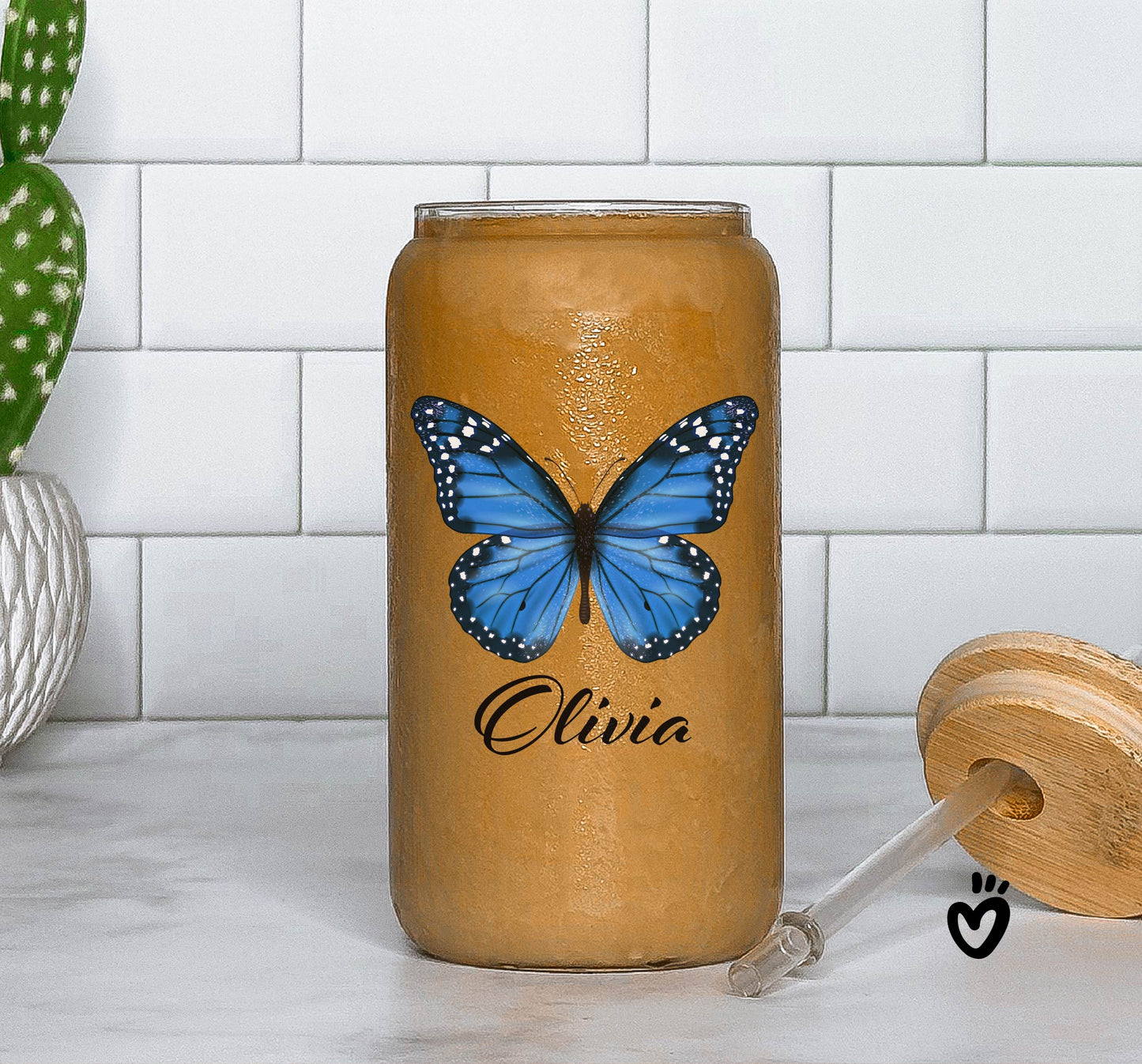 Personalized Name Glass Tumbler with Blue Butterfly Design