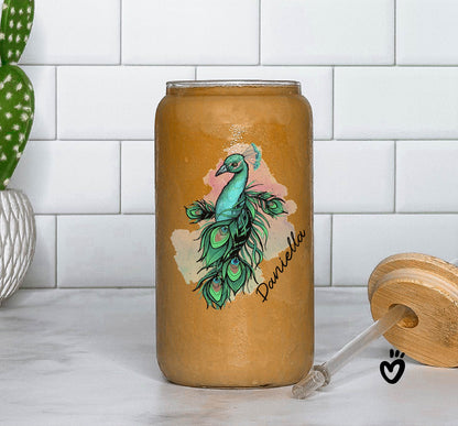 Personalized Name Glass Tumbler with Colorful Peacock Design