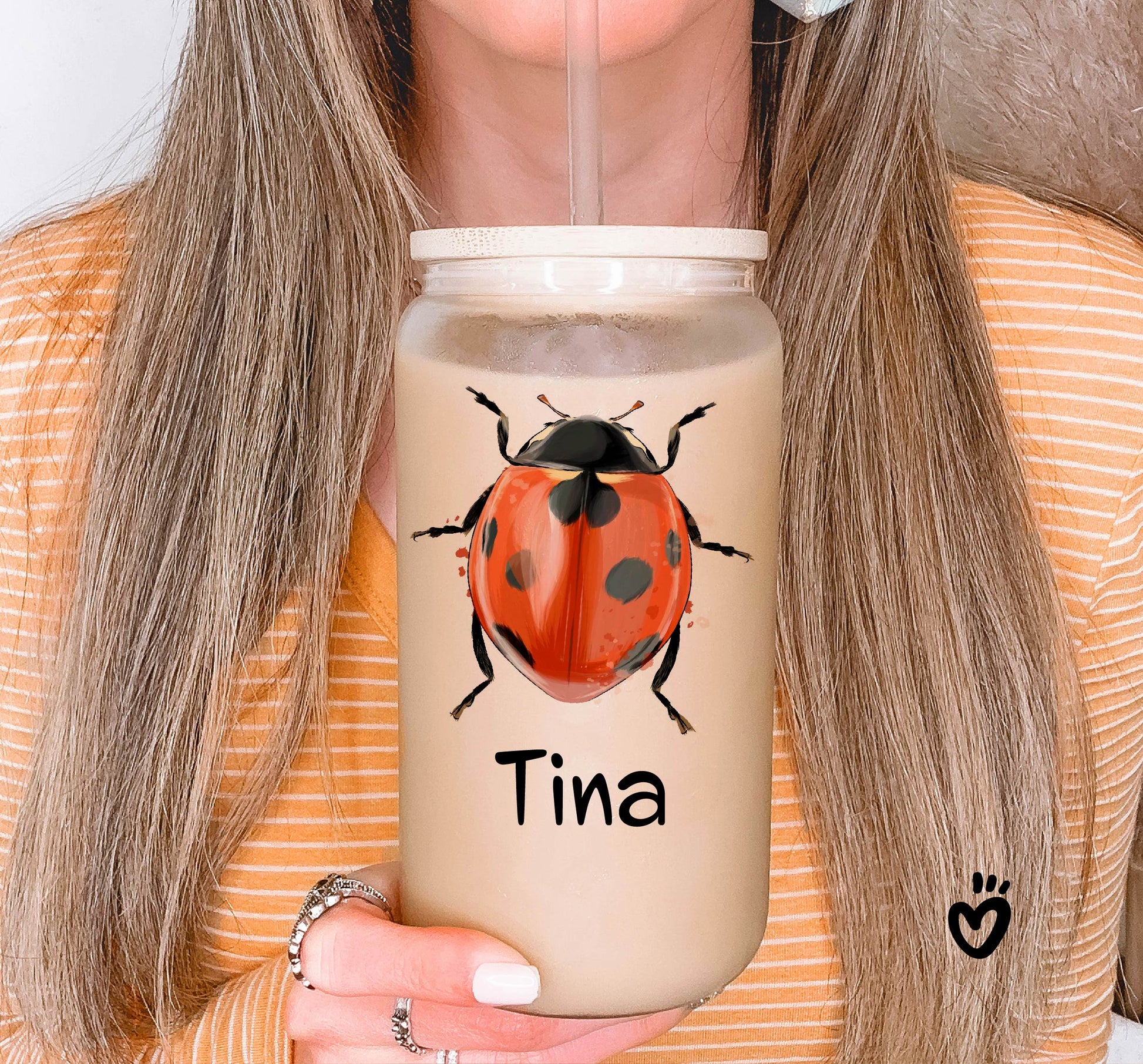 Personalized Name Ladybird Beer Jar Glass Tumbler Latte Cup