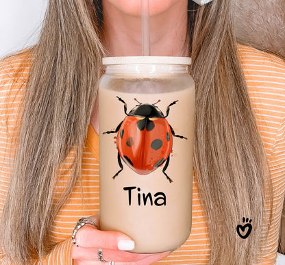 Personalized Name Ladybird Beer Jar Glass Tumbler Latte Cup