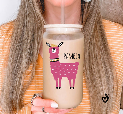 Personalized Name Glass Tumbler with Funny Llama Design Beer Jar Latte Cup