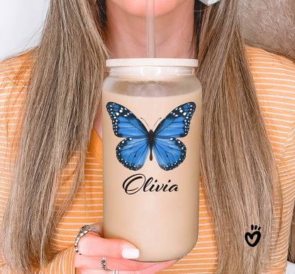 Personalized Name Glass Tumbler with Blue Butterfly Design