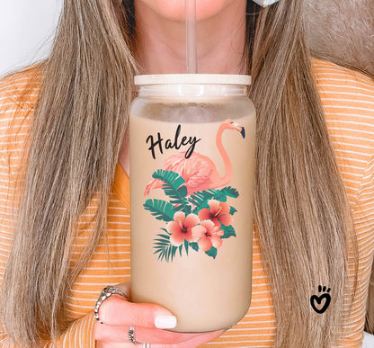 Personalized Name Glass Tumbler with Cute Flamingo Design