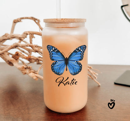 Personalized Name Glass Tumbler with Blue Butterfly Design